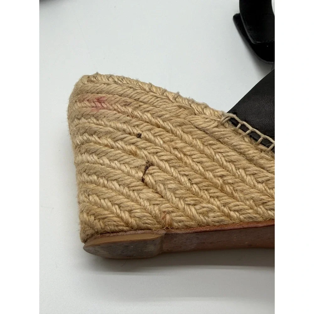 Celine Espadrille Wedge Sandals Womens 8 Black Leather Jute Platform Heel